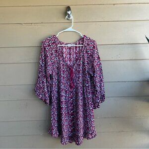 Roxy Blackbird pink/maroon print tunic Mini dress - Size M Boho Beach Hippie